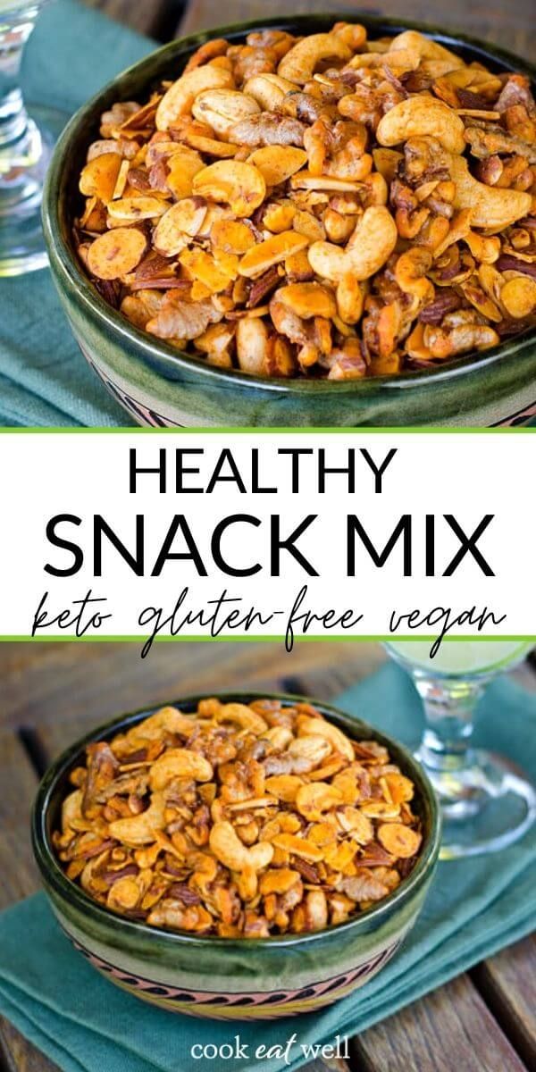 healthy snack mix in a bowl on top of a wooden table with text overlay