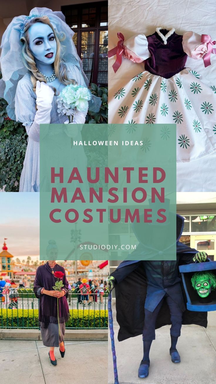 halloween costumes for kids and adults with text overlay that reads,'halloween ideas haunted mansion costumes '