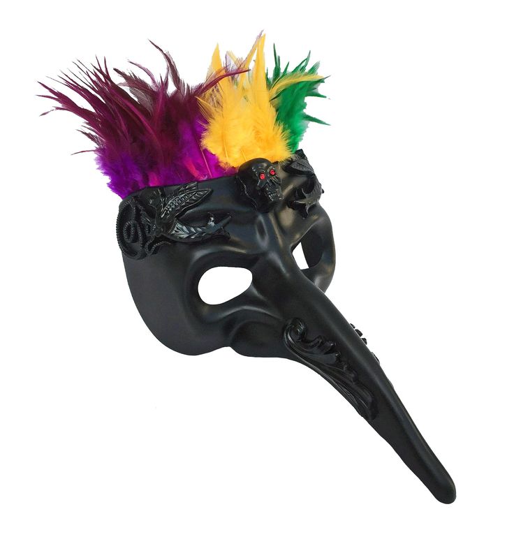 This long nose beak mask is featured in black with feathers across the top. Each mask comes with a black skull in the center with red jewel eyes. On either side of the skull is a griffin holding a coiling snake. Black filigree accents either side of the nose. Each mask comes with black strings to tie. Available in individual pieces, 6-pack, or by the dozen! Black Masks And Prosthetics For Mardi Gras Costume, Black Masks And Prosthetics For Mardi Gras, Black Skull Costume Accessories For Costume Party, Gothic Black Masks And Prosthetics For Mardi Gras, Black Masquerade Mask For Halloween, Black Mask For Fantasy Events, Black Gothic Masquerade Mask For Fantasy Events, Black Gothic Masks And Prosthetics For Carnival, Gothic Masks And Prosthetics For Carnival And Mardi Gras