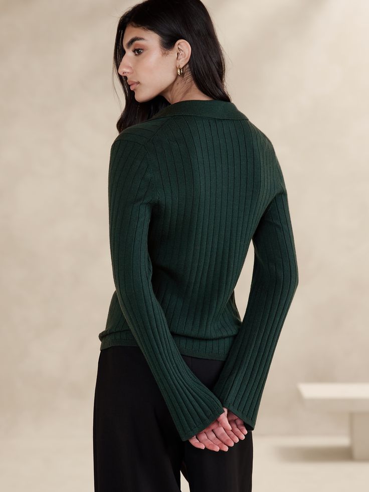 Nezha Merino Sweater Polo | Banana Republic Elegant Polo Sweater With Ribbed Cuffs For Work, Elegant Fitted Ribbed Polo Sweater, Chic Ribbed Polo Sweater For Winter, Elegant Knit Polo Sweater With Ribbed Cuffs, Elegant Knit Polo Sweater For Workwear, Elegant Winter Polo Sweater With Buttons, Elegant Collared Sweater With Ribbed Cuffs, Elegant Collared Sweater With Button Cuffs, Elegant Long Sleeve Polo Sweater With Button Cuffs