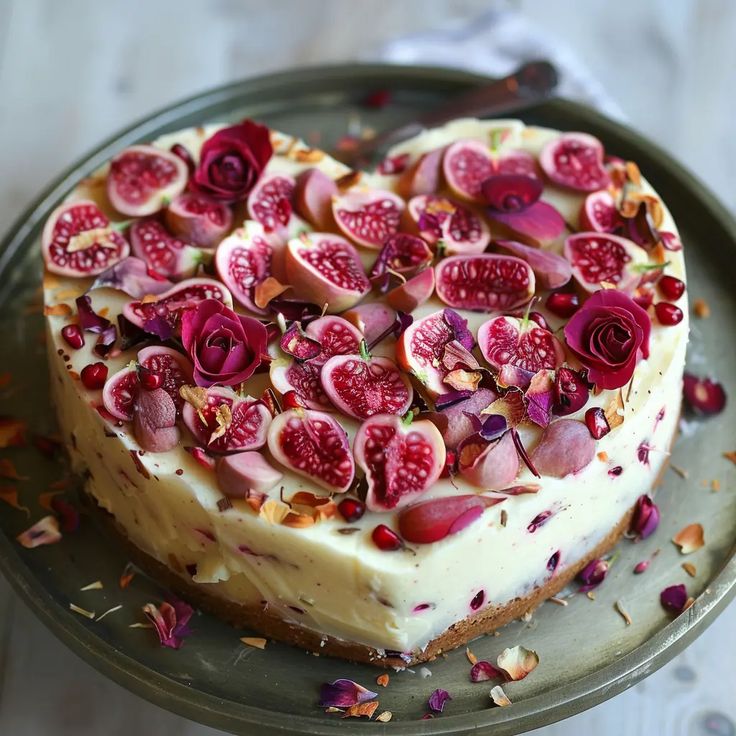 a heart shaped cake on a plate with pink flowers and pecans around the edges