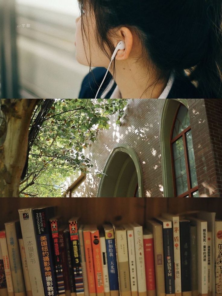 the girl is listening to her earphones in front of bookshelves and trees