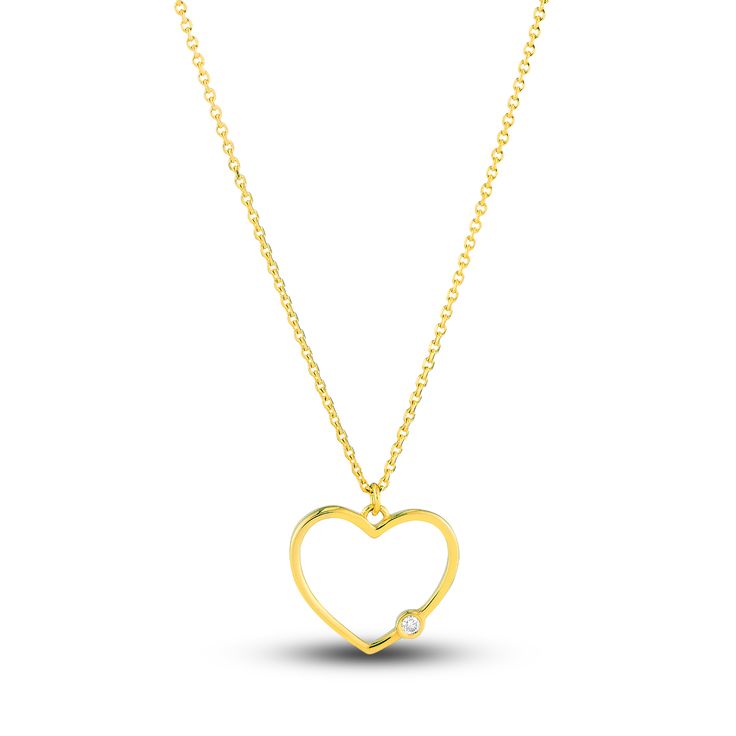 A meaningful traced heart is punctuated with a shimmering round diamond in this sentimental women's pendant necklace. Fashioned in 14K yellow gold, the 18-inch cable chain secures in place with a lobster clasp. Anniversary Yellow Gold Heart Necklace With Cable Chain, Yellow Gold Heart Necklace With Cable Chain For Anniversary, Yellow Gold Heart Necklace With Diamond And Delicate Chain, Valentine's Day Anniversary Cable Chain Necklaces, Heart Pendant Necklace With Single Diamond For Valentine's Day, Gold Heart Pendant Necklace With Single Diamond, Gold Necklace With Single Diamond Heart Pendant, Gold Diamond Necklace With Open Heart Charm, Valentine's Day 14k Gold Necklace With Single Diamond