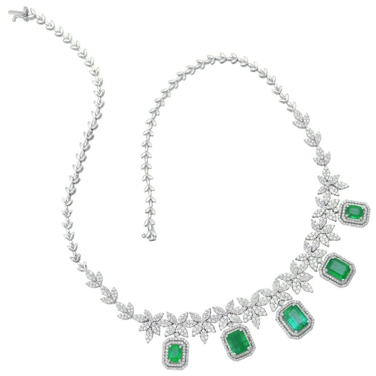 Cast from 14-karat white gold, this exquisite necklace is hand set with 8.30 carats Emerald and 6.0 carats of sparkling diamonds. FOLLOW MEGHNA JEWELS storefront to view the latest collection & exclusive pieces. Meghna Jewels is proudly rated as a Top Seller on 1stDibs with 5 star customer reviews. All items manufactured by us are handmade and can be customized or redesigned. Certificate available upon request. Composition 14k Gold - 42.25 grams Diamond 6.00 Carats Emerald 8.30 Carats Total Weig Edwardian Jewelry, Bracelet And Necklace, Jewellery Sketches, Floral Bracelet, Real Jewelry, Gold Statement Necklace, Gold Jewelry Necklace, Gold Diamond Necklace, Floral Pendant