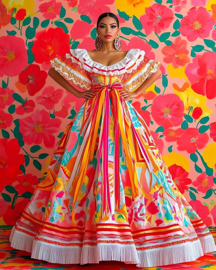 Colorful. Classy. Elegant. #modernmexicanas 🌺💃🇲🇽 Mexican Fashion Traditional, Guatemala Aesthetic, Mexico Costume, Jalisco Dress, Mexican Clothes, Cultural Outfits, Mexico Sketch, Mexico Dress, Vestido Charro