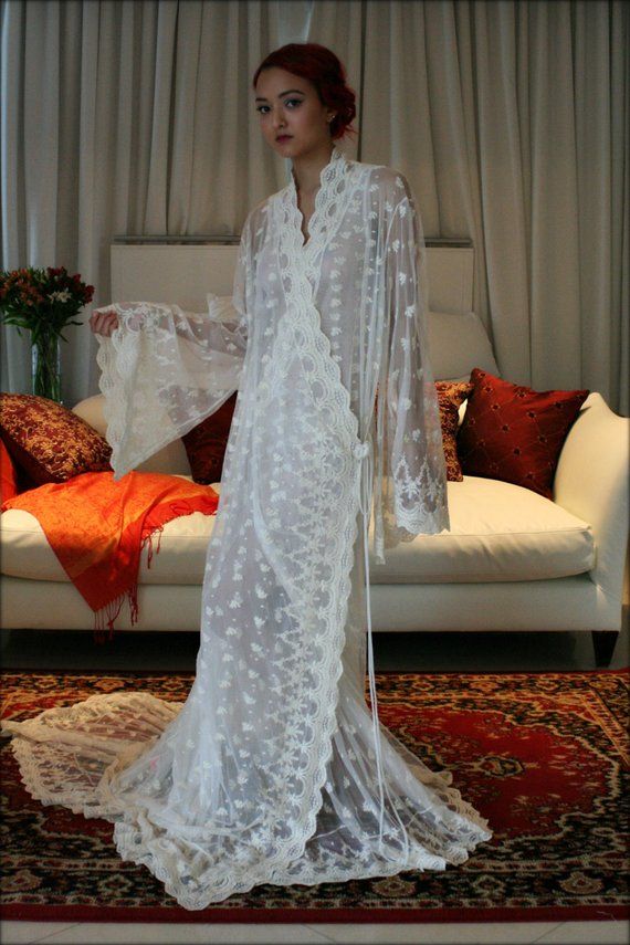 Embroidered Lace Bridal Robe French Lace Wedding Robe Bridal | Etsy Festive Sheer Dupatta For Wedding, White Wedding Lace For Festive Occasions, White Wedding Lace For Festive, Sheer Lace Wedding Robe, Long Lace Robe For Wedding Night, Sheer Lace Wedding Night Gown, Delicate Lace Gown For Ceremonies, Ceremony Gown With Delicate Lace, White Wedding Lace