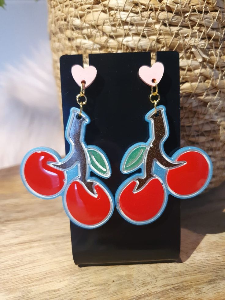 Cute Resin Cherry Dangle Earrings Retro Pierced Drop Earrings, Cherry Color Dangle Earrings, Retro Drop Earrings, Retro Dangle Earrings For Pierced Ears, Fox Earrings, Summer Cherries, Cherry Earrings, Fruit Earrings, Cherry Tree