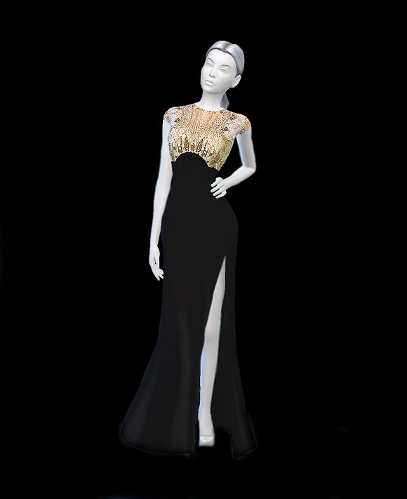 a mannequin dressed in a black and gold evening gown with high slits