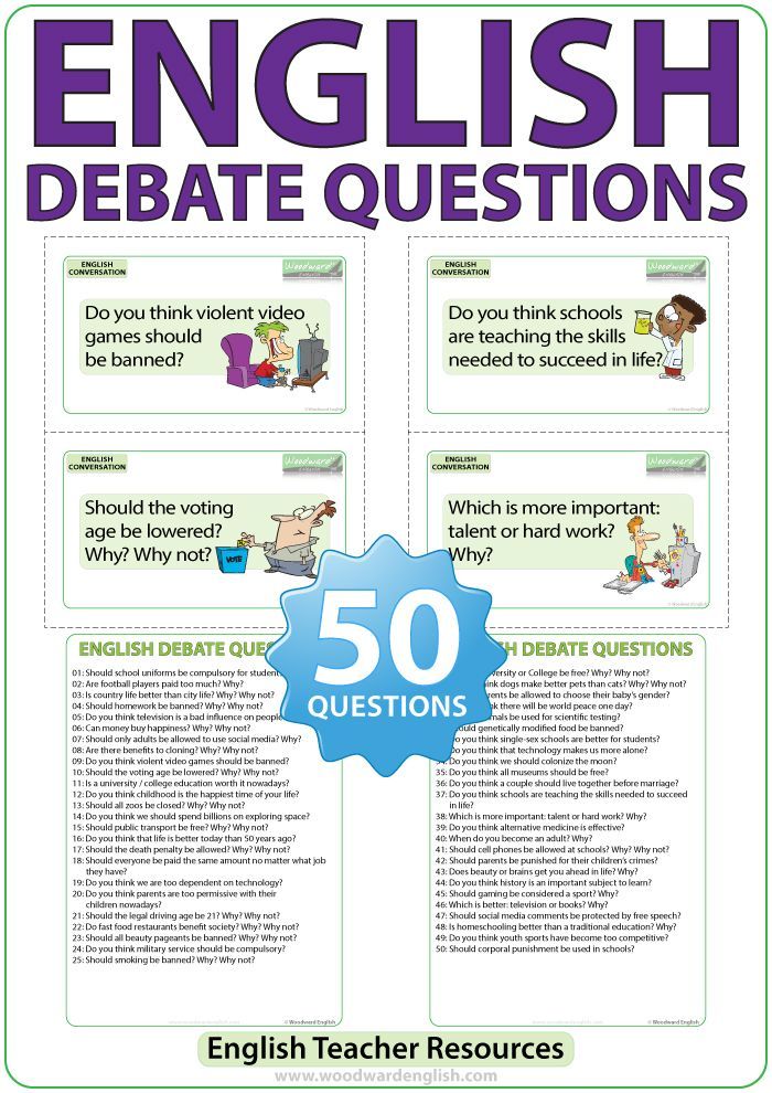 an english debate questions poster with the text 50 questions