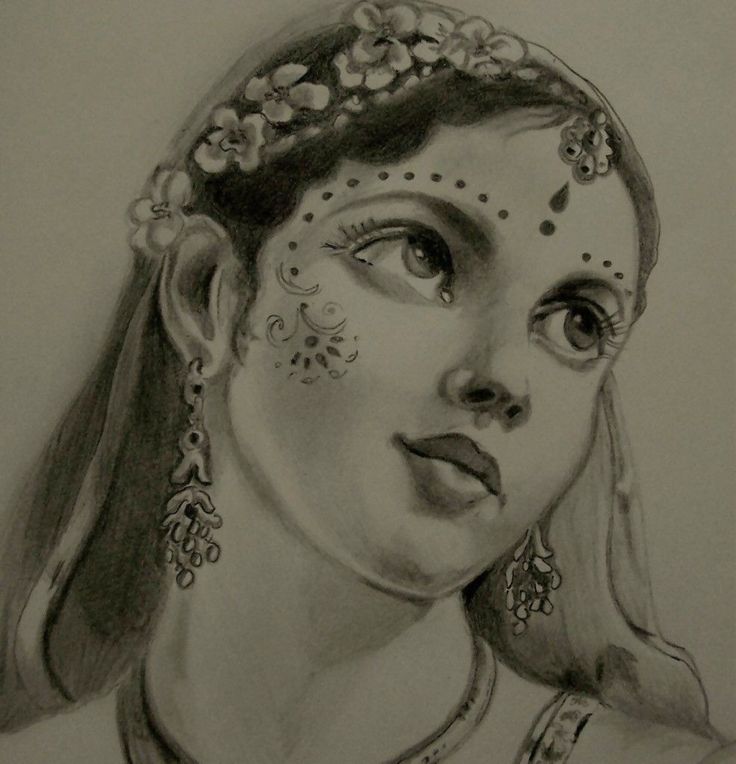 a pencil drawing of a woman's face with flowers in her hair and makeup