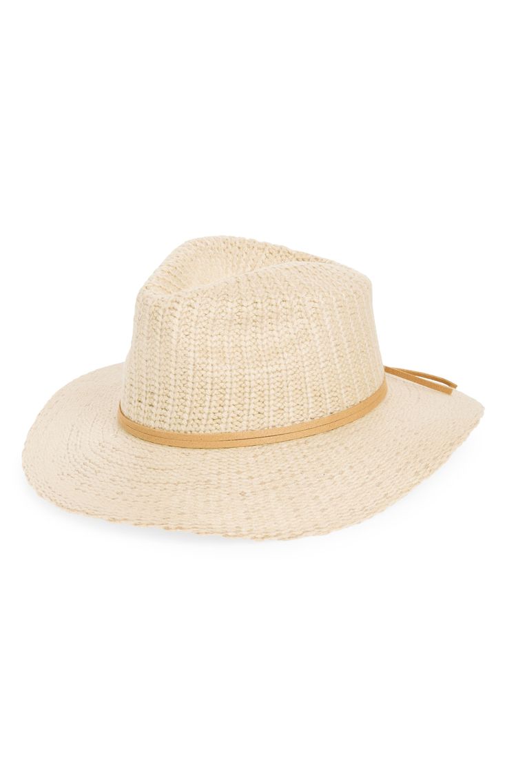 A knit construction lends chic style to this panama hat that is ideal for any cold-weather ensemble. Textile Spot clean Imported Cream Lightweight Panama Hat With Wide Brim, Cream Panama Hat With Wide Brim And Lightweight Design, Cream Wide Brim Lightweight Panama Hat, Cream Wide Brim Woven Hat, Casual Straw Fedora For Everyday, Casual Everyday Straw Fedora, Casual Beige Crochet Fedora Hat, Lightweight Beige Panama Hat With Flat Brim, Casual Beige Woven Hat Band