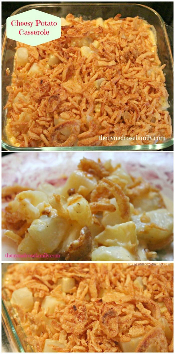 three different views of food that is in a glass casserole dish, and then covered with cheesy potato casserole