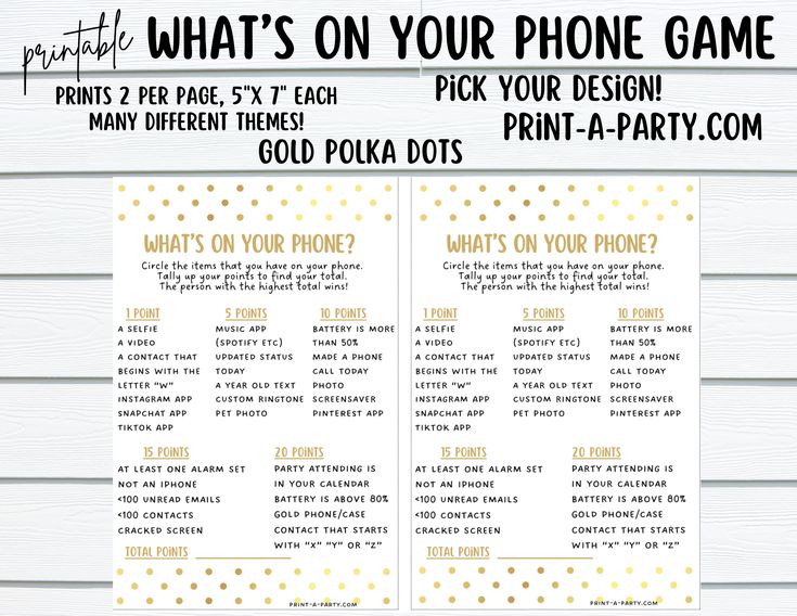 what's on your phone game with gold polka dots and white text that says, what