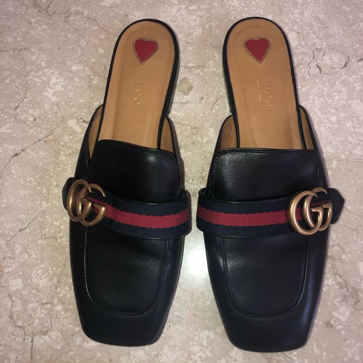 Beautiful Gucci Loafers! Used Once Gucci Black Mules With Round Toe, Black Gucci Mules With Round Toe, Gucci Chic Leather Mules, Designer Flats With Branded Insole, Designer Slip-on Flats With Leather Sole, Gucci Slip-on Mules, Gucci Mules For Workwear With Round Toe, Gucci Leather Mules, Chic Gucci Mules For Workwear