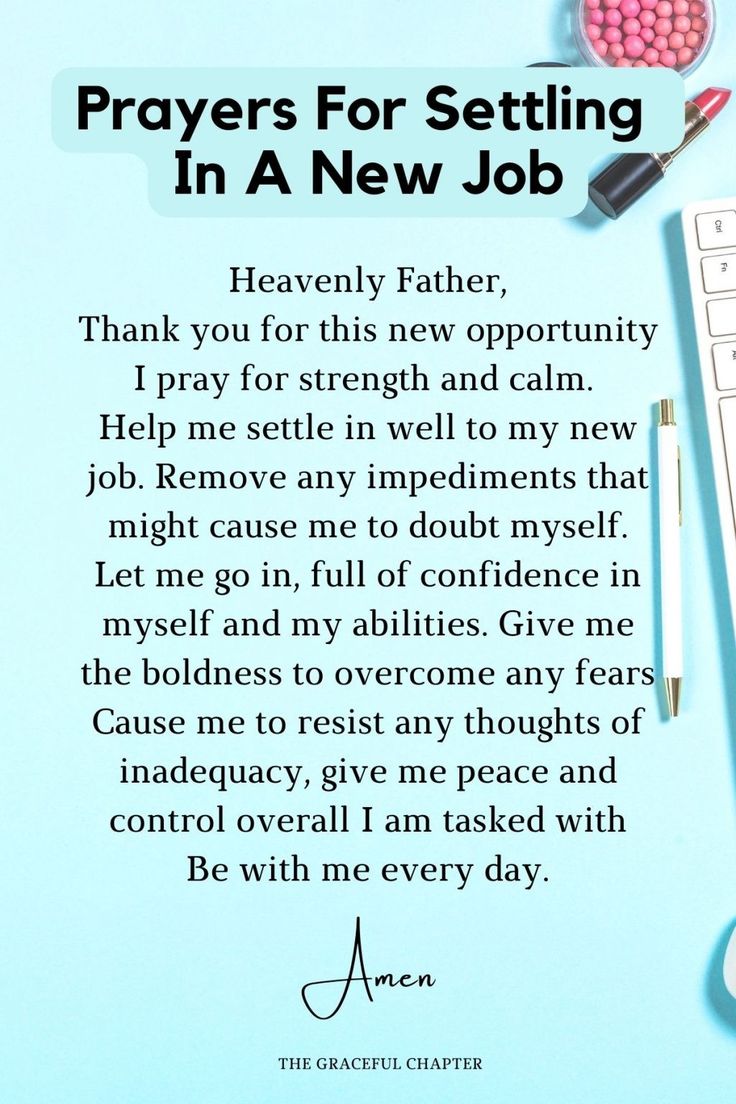 prayer for sitting in a new job on a blue background with keyboard, pens and other office supplies