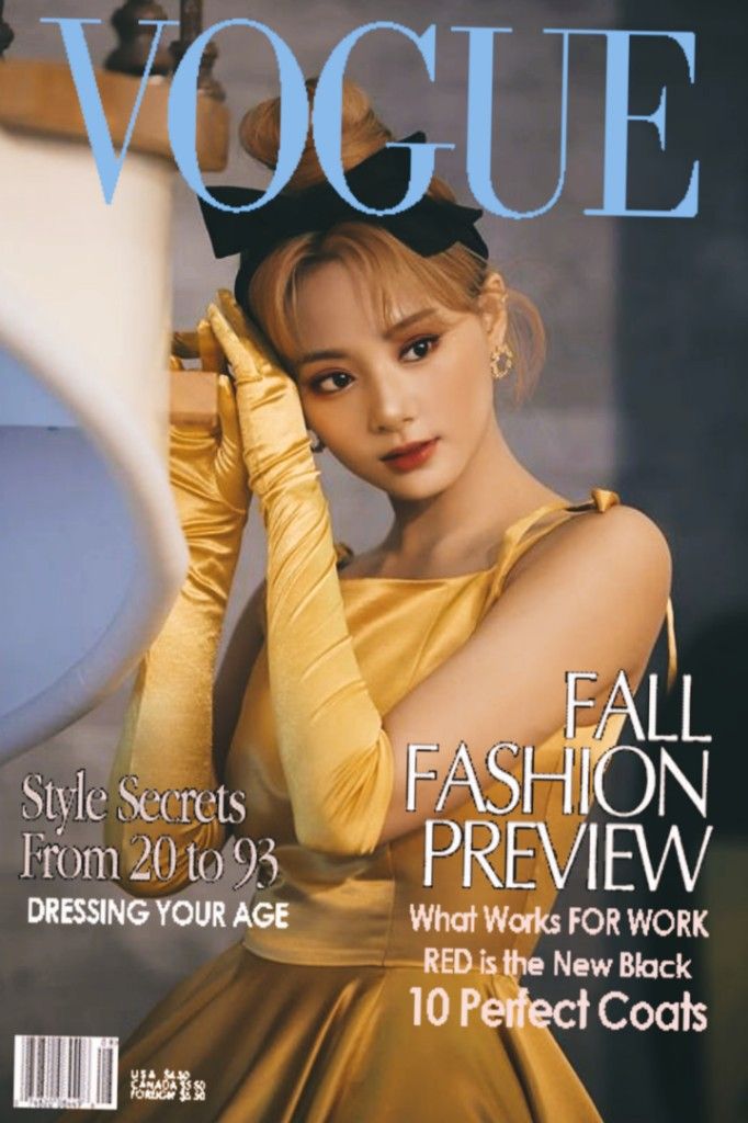 a magazine cover with a woman in a yellow dress and gloves on the front page