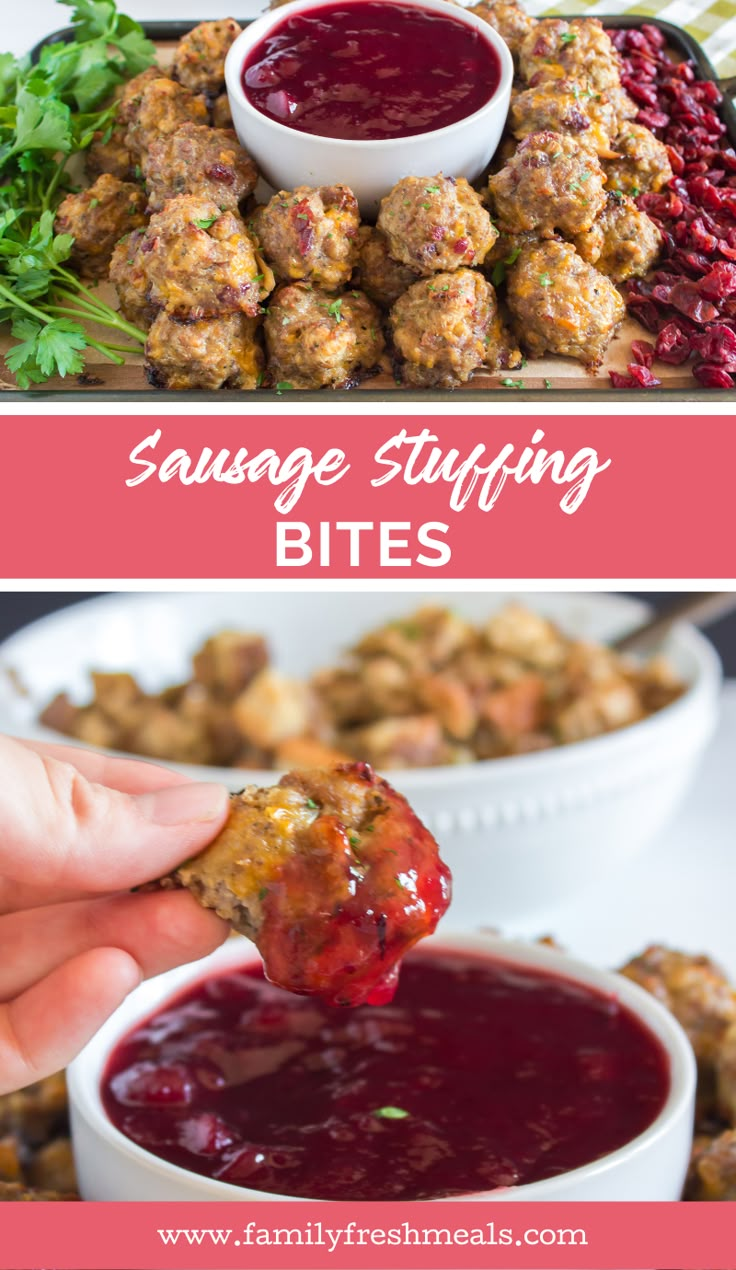 sausage stuffing bites being dipped with ketchup and served on a platter for dipping