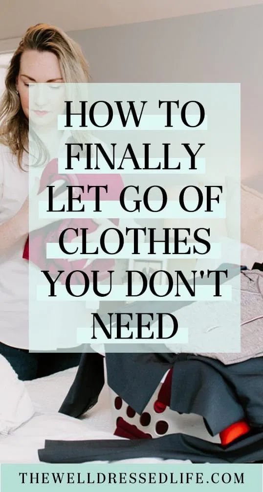 a woman sitting on her bed with the words how to finally let go of clothes you don't need