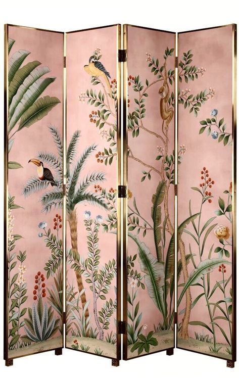 a pink room divider with birds and flowers on the side, painted in gold