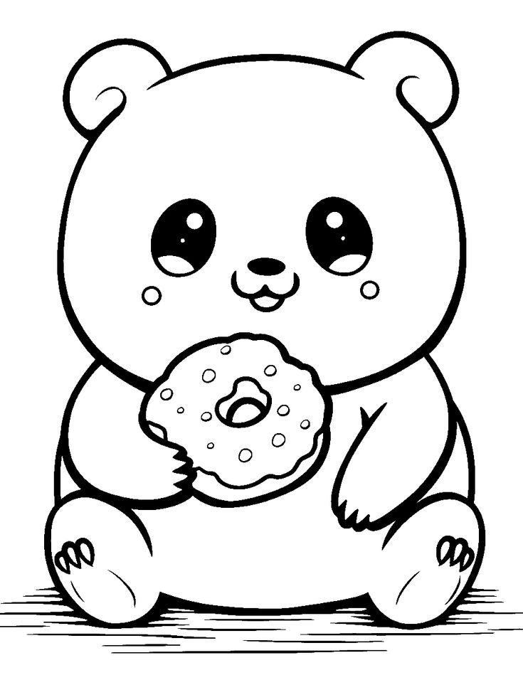 a black and white drawing of a teddy bear eating a donut