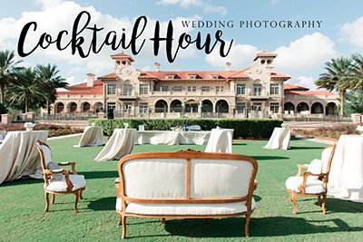 an outdoor event with chairs and tables in front of a large building that says cocktail hour