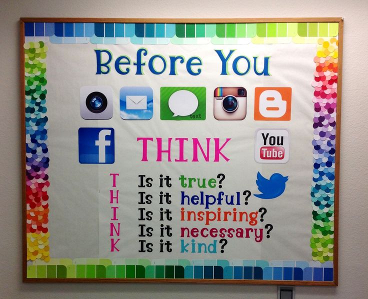 a bulletin board that has been decorated with colorful words and pictures on it, along with the words before you think