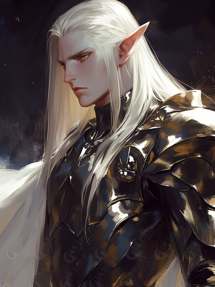 an elf with white hair and horns standing in front of a dark background wearing armor