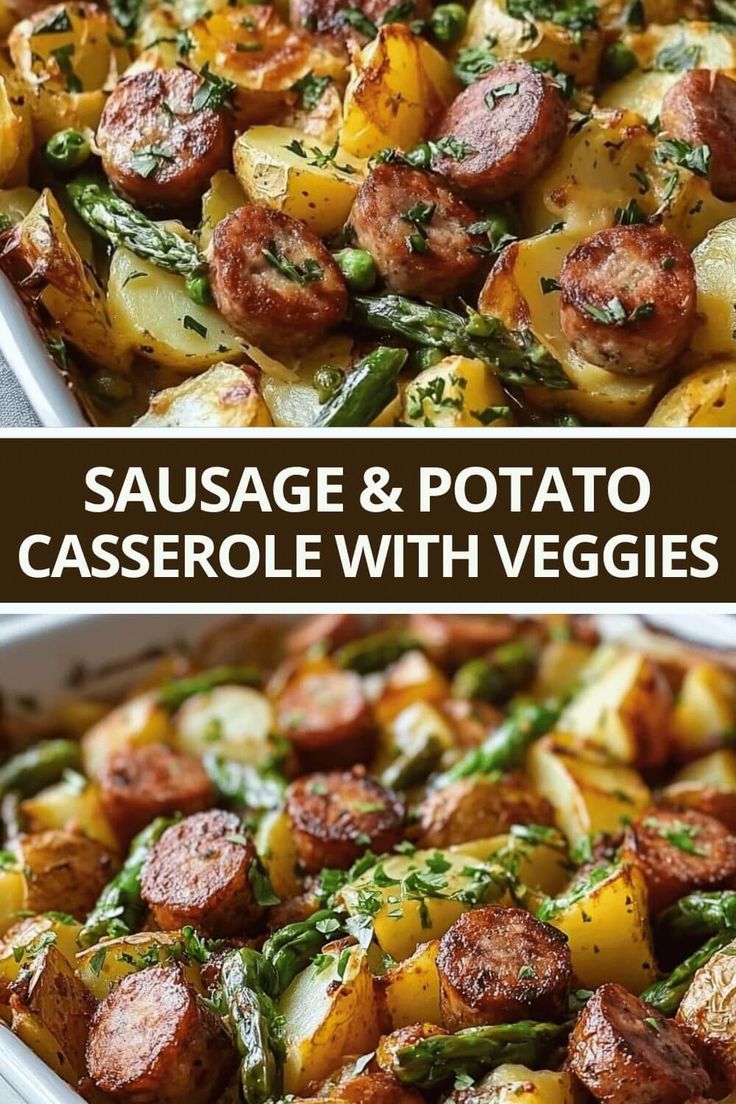 sausage and potato casserole with veggies is shown in two different images