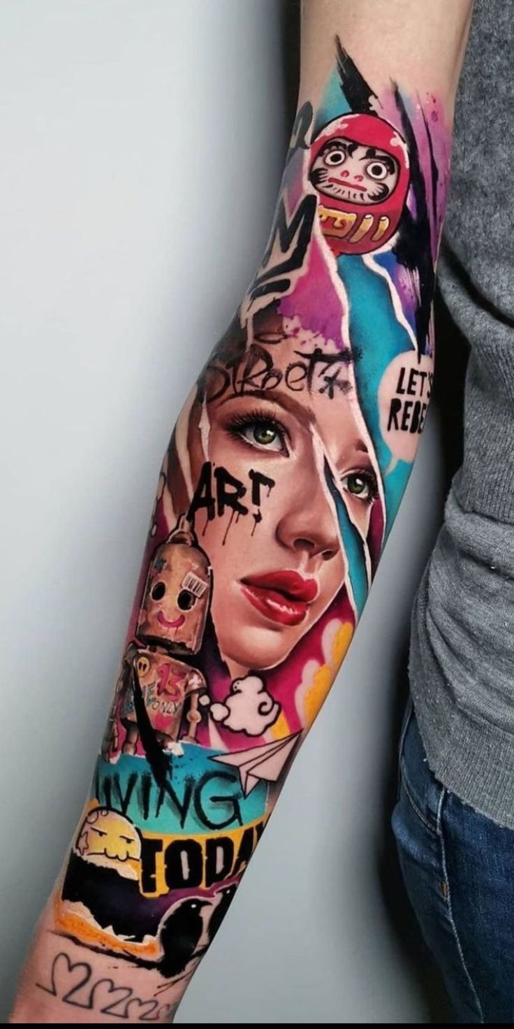 a woman's arm with some art on it and the words living dead painted on it