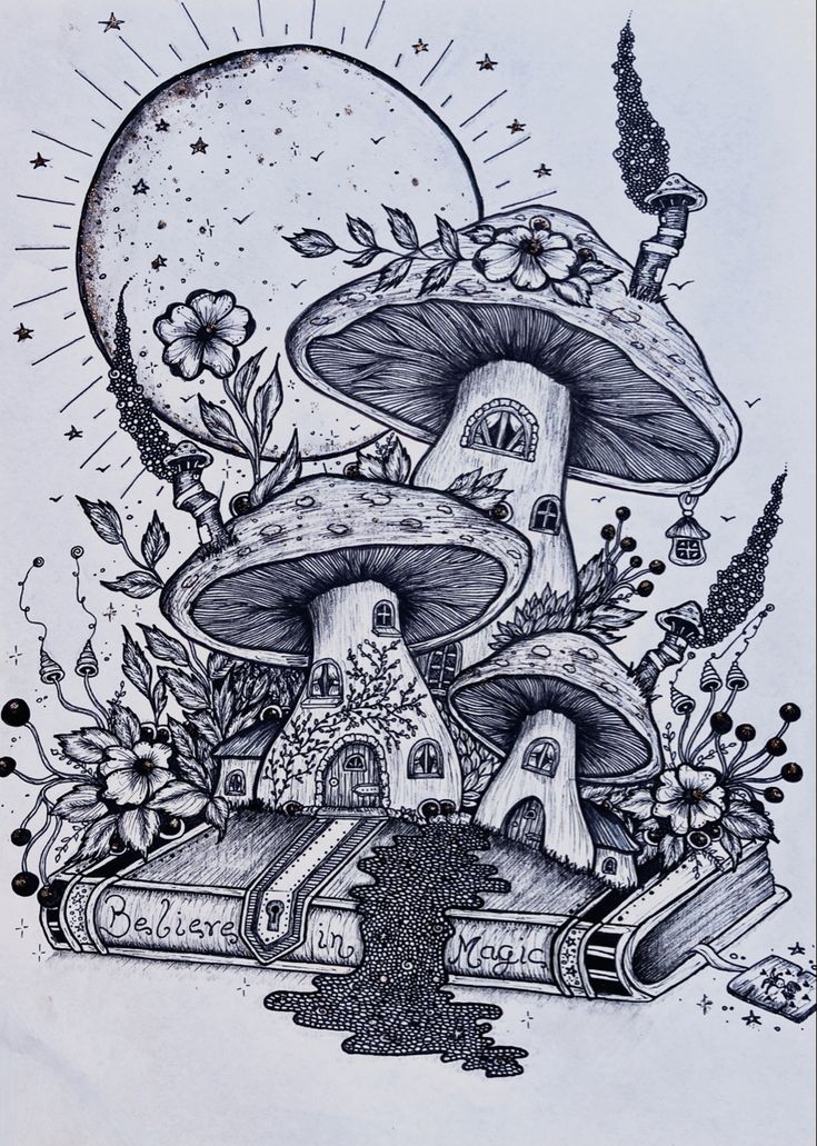 an ink drawing of mushrooms and books