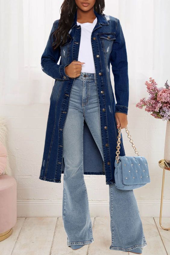 Dark Blue Fashion Casual Solid Ripped Turndown Collar Long Sleeve Regular Denim Jacket Dark Blue Denim Jacket, Denim Style Casual, Long Denim Jacket, Shirt Collar Styles, Fitted Denim Jacket, White Short Dress, Blue Denim Jacket, Workwear Fashion, Blue Coats