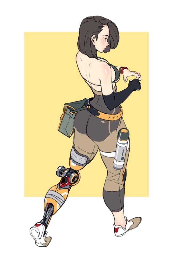 a drawing of a woman with an arm brace and knee pads, wearing safety gear