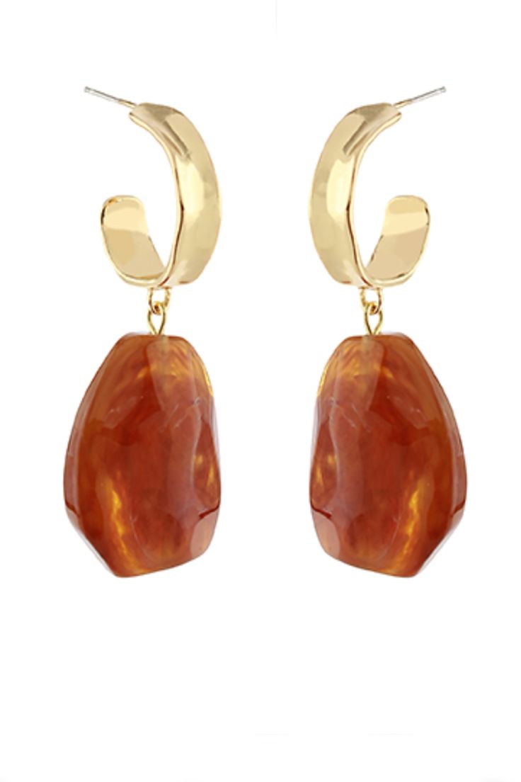 Accessorize with personality with our Amber & Hoop Dangle Earrings in Brown and Gold. These unique earrings feature a playful mix of amber beads and gold hoops, giving you the perfect touch of fun and style. Perfect for adding a touch of quirkiness to any outfit. Earrings With Burnt Orange Dress, Luxury Handmade Orange Earrings, Luxury Orange Earrings For Formal Occasions, Luxury Orange Earrings For Formal Events, Cheap Chic Yellow Earrings, Cheap Orange Casual Earrings, Cheap Orange Jewelry For Birthday, Unique Cheap Yellow Jewelry, Luxury Orange Formal Earrings