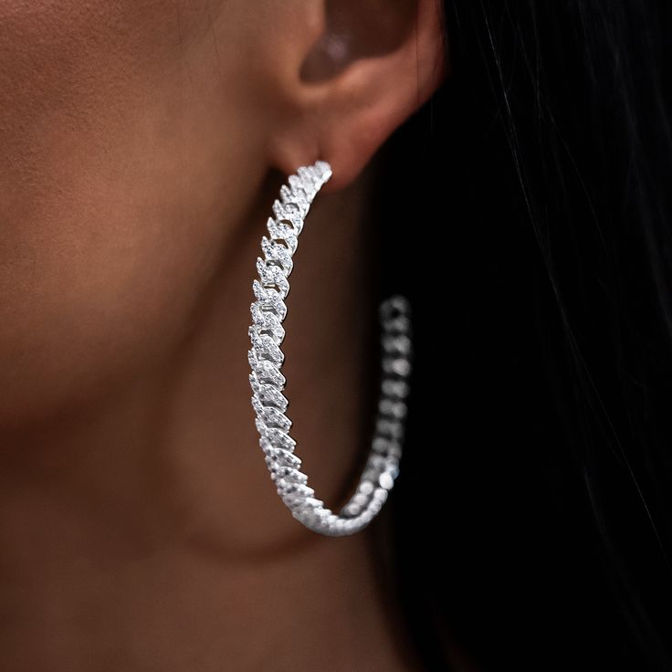 Introducing the Diamond Prong Hoop Earrings in 14k White Gold. Available in four different sizes and three colors, we took your favorite chain and bracelet and transformed them into finely detailed hoops! Featuring a micro cuban link pattern and covered in hand-set stones, these earrings are perfect for every occasion. Complete the matching set with the Micro Diamond Prong Chain and Bracelet in White Gold! This product is guaranteed for life – GLD will repair or replace the item should you exper Silver Round Cut Tarnish-resistant Earrings, Silver Tarnish-resistant Round Cut Earrings, Silver Tarnish Resistant Earrings, White Gold Dangle Jewelry With Diamond Cut, Silver Small Hoop Jewelry With Prong Setting, Modern Dangle Jewelry With Prong Setting, White Gold Hypoallergenic Fine Jewelry, Hypoallergenic White Gold Fine Jewelry, Fine Jewelry Single Hoop Earring