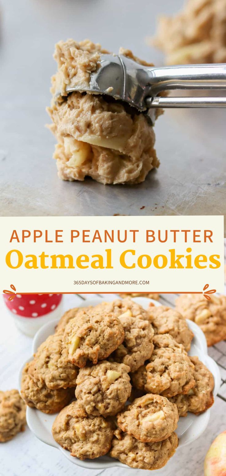 apple peanut butter oatmeal cookies are stacked on top of each other in a bowl