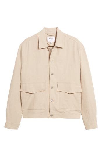 Crafted from lightweight linen and cotton, this shirt-jacket can easily be worn as a layer or a standalone piece. 26 1/2" length; 50" chest (size Medium) Front button closure Spread collar Front flap pockets 55% linen, 45% cotton Machine wash, line dry Imported Cotton Button-up Outerwear With Welt Pockets, Linen Button-up Shirt With Welt Pockets, Beige Cotton Button-up Utility Jacket, Single-breasted Collared Cotton Utility Jacket, Waxed Cotton Jacket, Chest Size, Flap Pocket, Shirt Jacket, Cotton Shirt