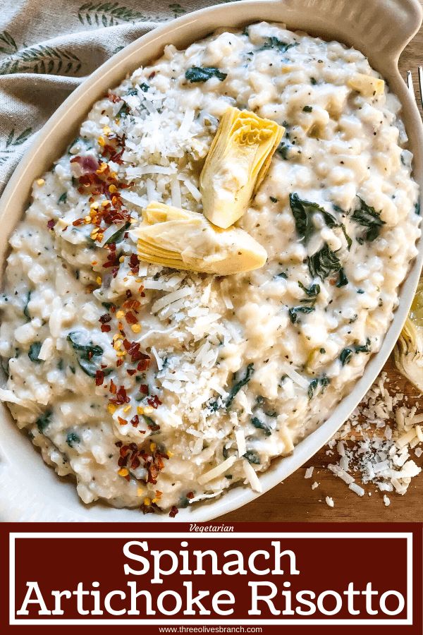 spinach artichoke risotto in a white bowl