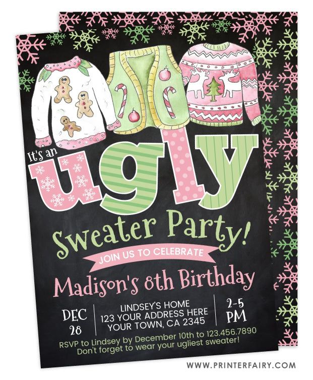 an ugly sweater party is on display in this black and pink cardigan style birthday