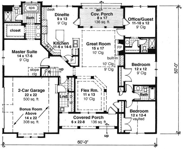 the first floor plan for a house with two master suites and an attached garage area