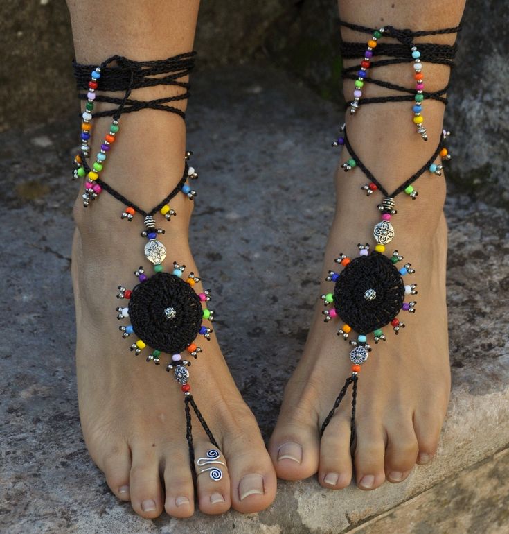 This listing is for a pair of black gipsy mandala barefoot sandals. Beautiful and unique barefoot sandals with a tribal vibration. Handmade crocheted with love and care using black waxed polyester cord, tibetan silver beads and czech seed beads. They will embellish your feet and you can wear it with sandals in a variety of styles from work to casual to evening attire. Beautiful to wear on a beach or garden wedding. Great and very comfortable for making yoga, hula hoop, belly dance and dancing. T Black Beaded Festival Anklets, Black Beaded Anklets For Festival, Summer Festival Jewelry With Black Beads, Handmade Bohemian Black Barefoot Sandals, Handmade Black Barefoot Sandals For Beach, Black Handmade Bohemian Barefoot Sandals, Black Bohemian Handmade Barefoot Sandals, Bohemian Black Handmade Barefoot Sandals, Black Bohemian Anklets With Black Beads