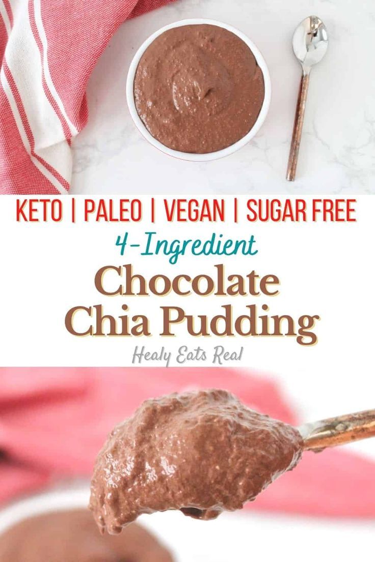 chocolate chia pudding on a spoon with text overlay