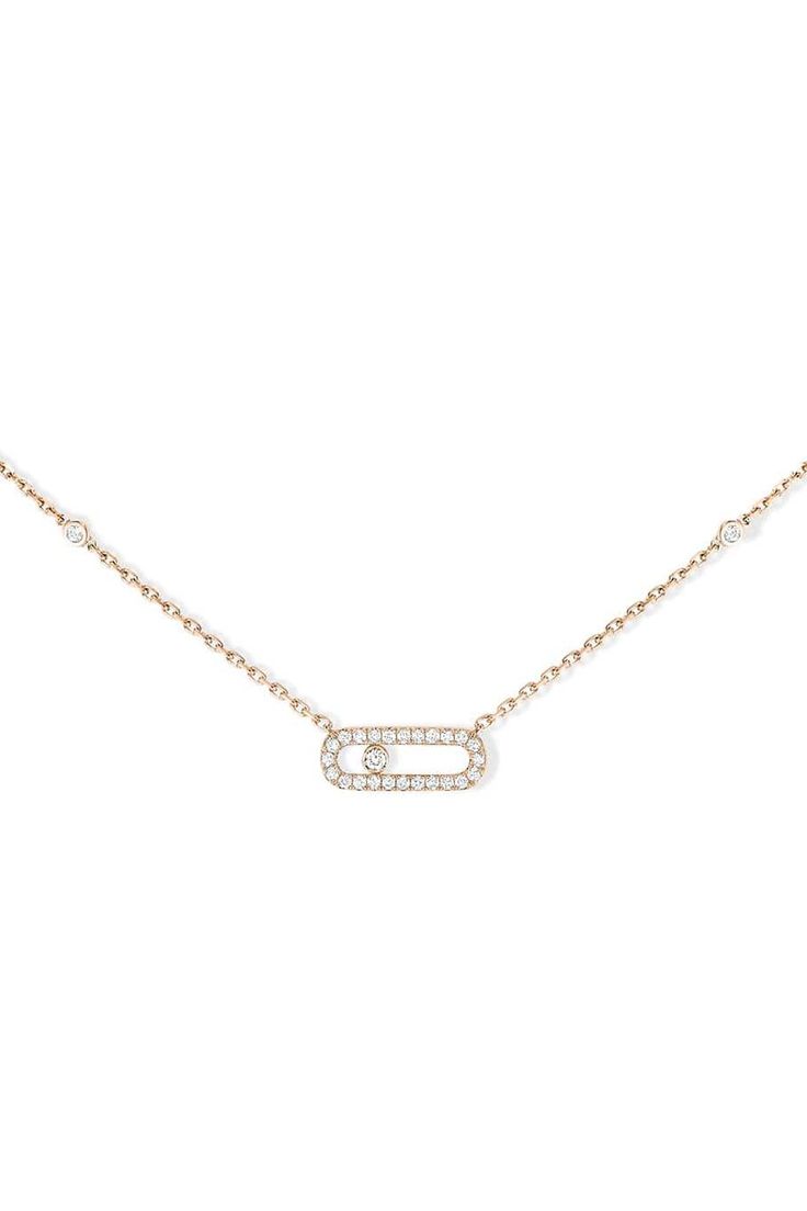 Messika Move Uno Pave Diamond Necklace. This 18 carat gold pavé diamond necklace, fully handcrafted and set with a brilliant cut diamond is part of the Move luxury jewelry collection, the signature design of Messika House. Its fine chain is adorned by the Move cage holding a close set diamond that moves and shines according to the gestures. The fine setting echoes back the gold solar radiance. An easy gold and diamond necklace to adorn a cleavage with a discreet and precious radiance everyday. L Messika Move Uno, Luxury Jewelry Collection, Women Power, Diamond Jewel, Luxury Necklace, Expensive Jewelry, Demi Fine Jewelry, Fine Jewels, Girly Jewelry