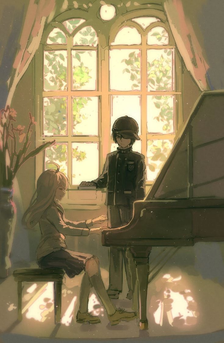 two people sitting at a piano in front of a window