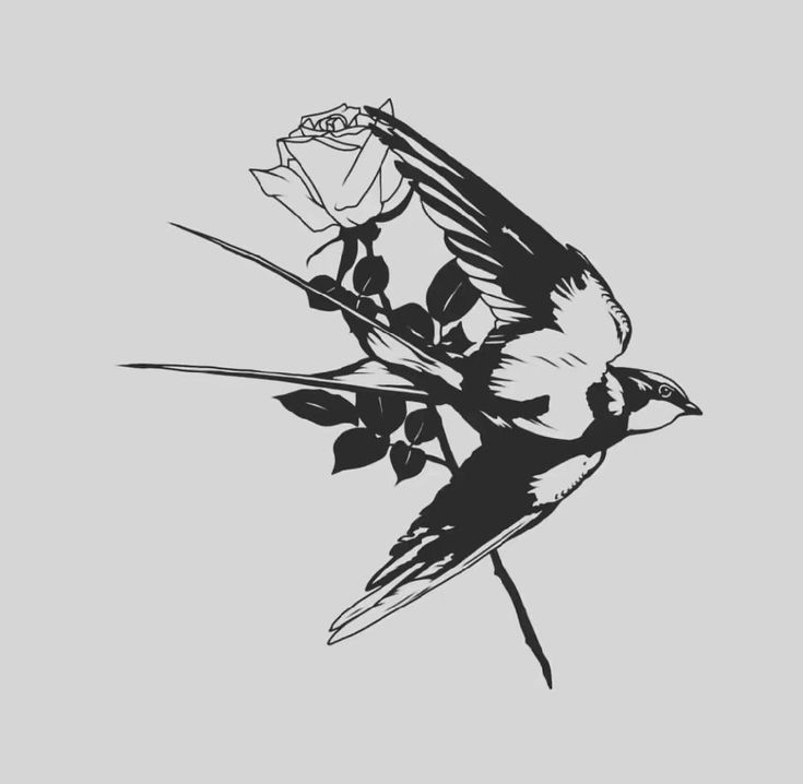 a black and white drawing of a bird on a branch with a rose in its beak