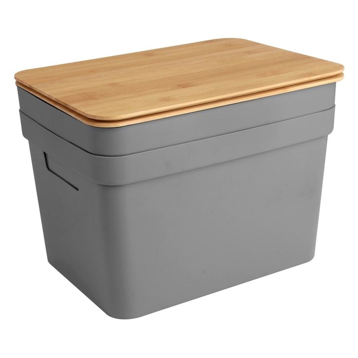 a large gray box with a wooden lid