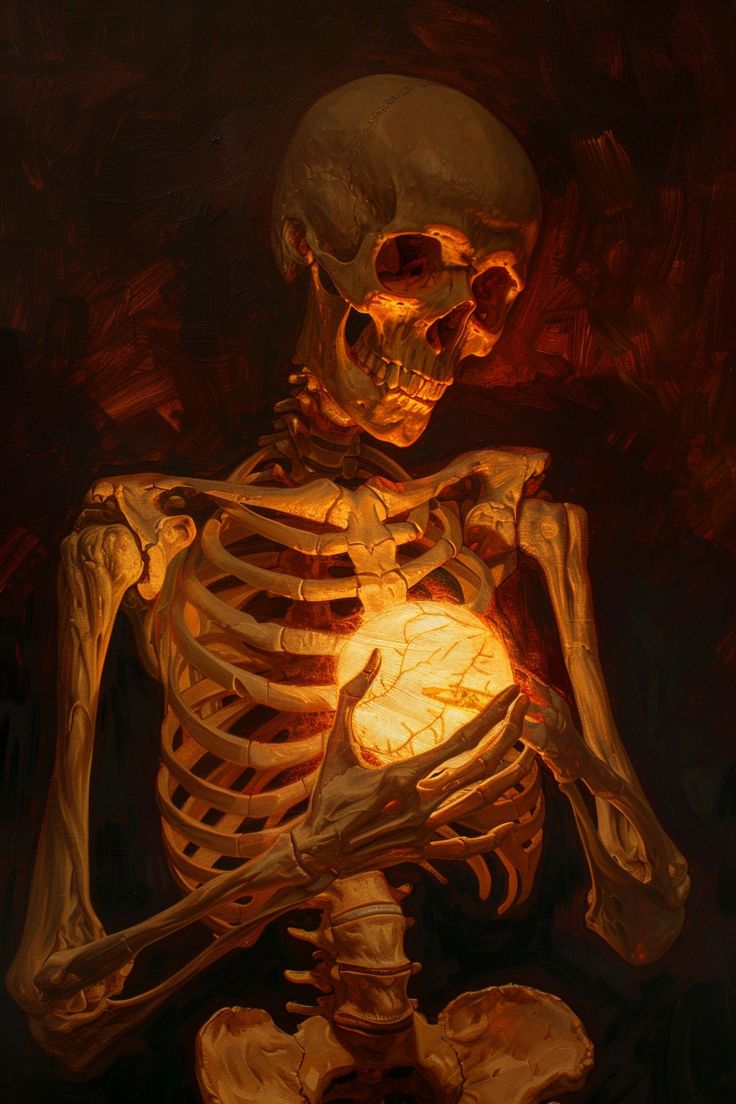 a painting of a skeleton holding a lit candle