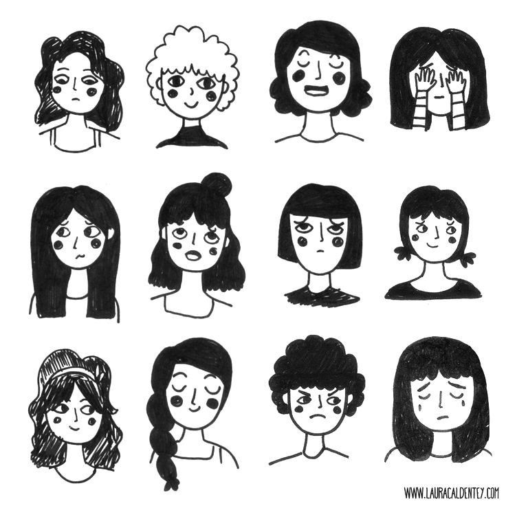 six different types of women's faces drawn in black and white, each with their own face expressions