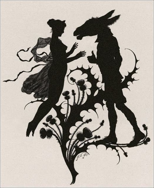 the silhouettes of two people are depicted in this black and white image, with flowers