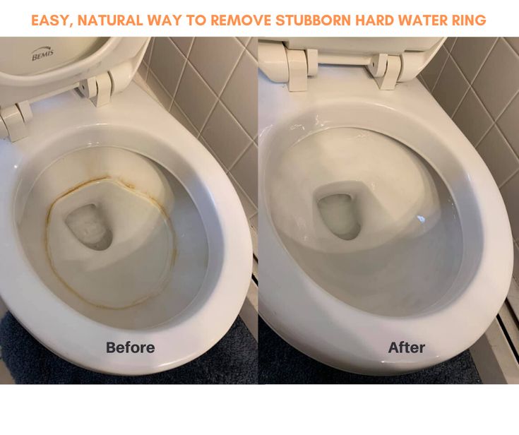 two pictures of the same toilet bowl and one showing how to remove stubborn hard water rinse