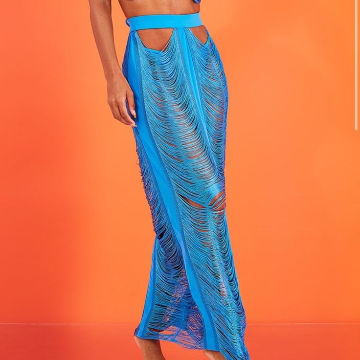 Such A Unique Cover Up. Perfect For The Pool Parties Chic Blue Swimwear For Beach Cover-up, Chic Blue Swimwear For Vacation, Chic Blue Swimwear For Party, Blue Bohemian Spring Swimwear, Bohemian Blue Spring Swimwear, Chic Blue Party Swimwear, Trendy Blue Festival Swimwear, Trendy Blue Swimwear For Vacation, Mesh Maxi Skirt